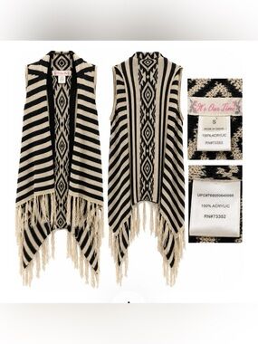It’s Our Time Black Cream Southwestern Fringe Vest Size S